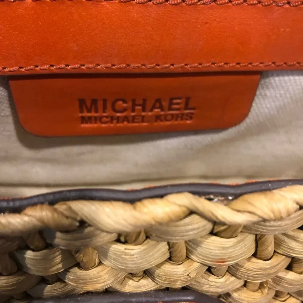Vintage MICHAEL KORS Rattan Leather Clutch Gold Turn Lock Chain & Leather Strap
